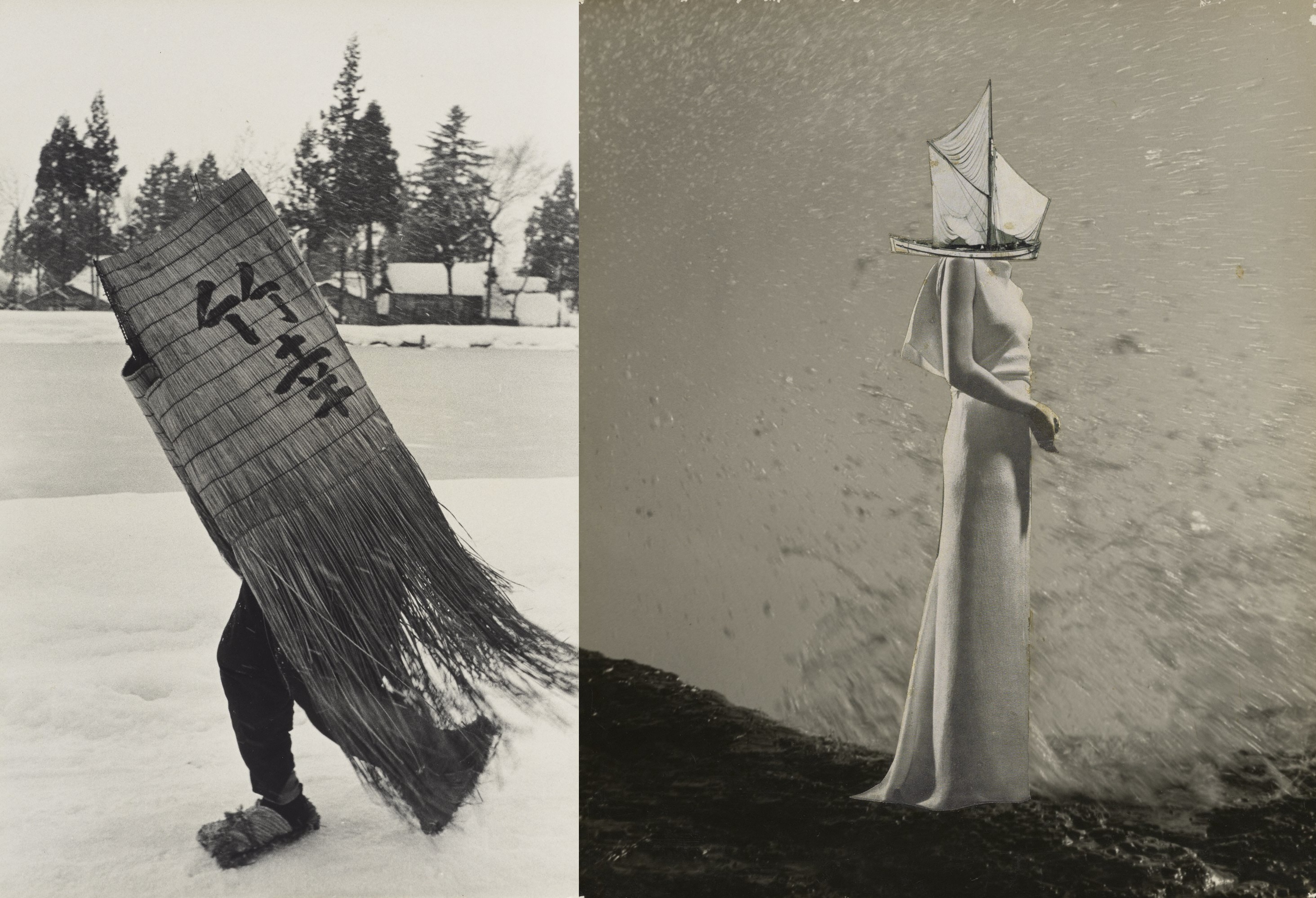 (Left: “Man in a Traditional Minoboshi Raincoat, Niigata Prefecture” (1956) by Hiroshi Hamaya, gelatin silver print, © Keisuke Katano The J. Paul Getty Museum, Los Angeles/ Right: “A Chronicle of Drifting” (1949) by Kansuke Yamamoto, collage, © Toshio Yamamoto Private collection, entrusted to Tokyo Metropolitan Museum of Photography)